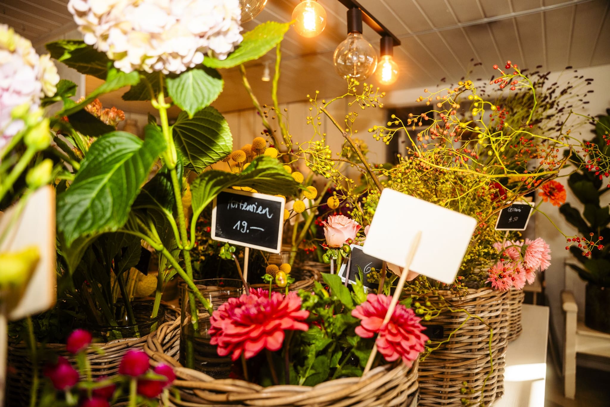 Schnittblumen in Körben mit kleinen Preistafeln zum Aussuchen