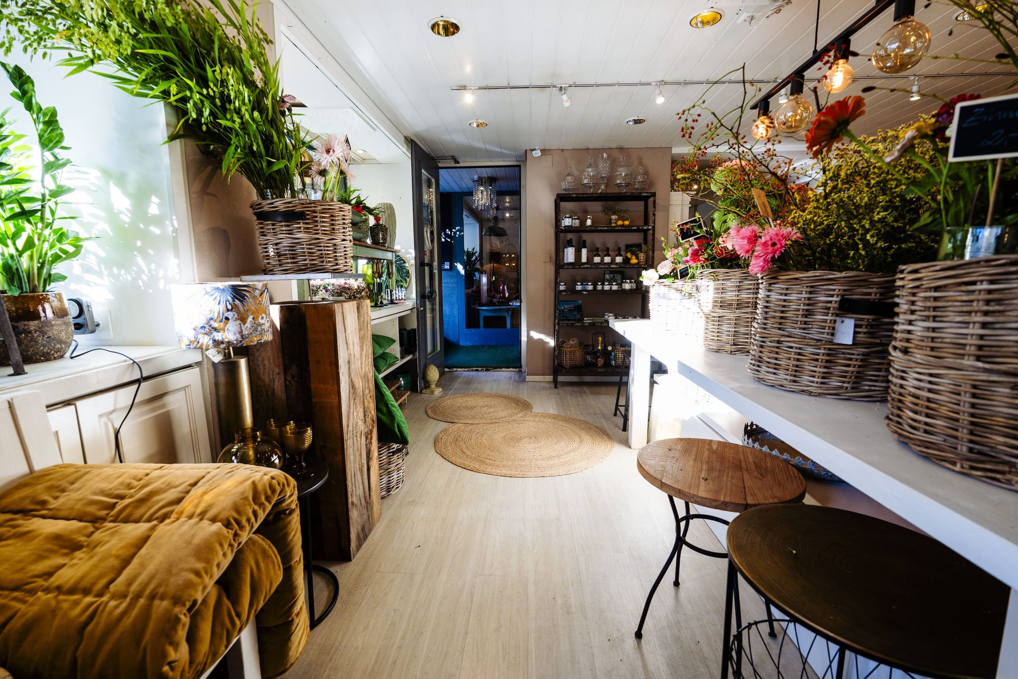 Sitzplatz mit Samtkissen zwischen Blumenkörben und Regalen